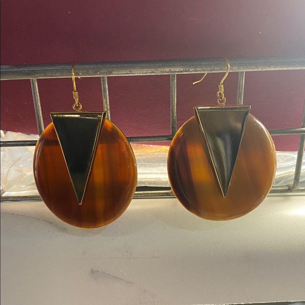Round Brown & Gold Statement Earrings 2 inch round - Picture 5 of 5